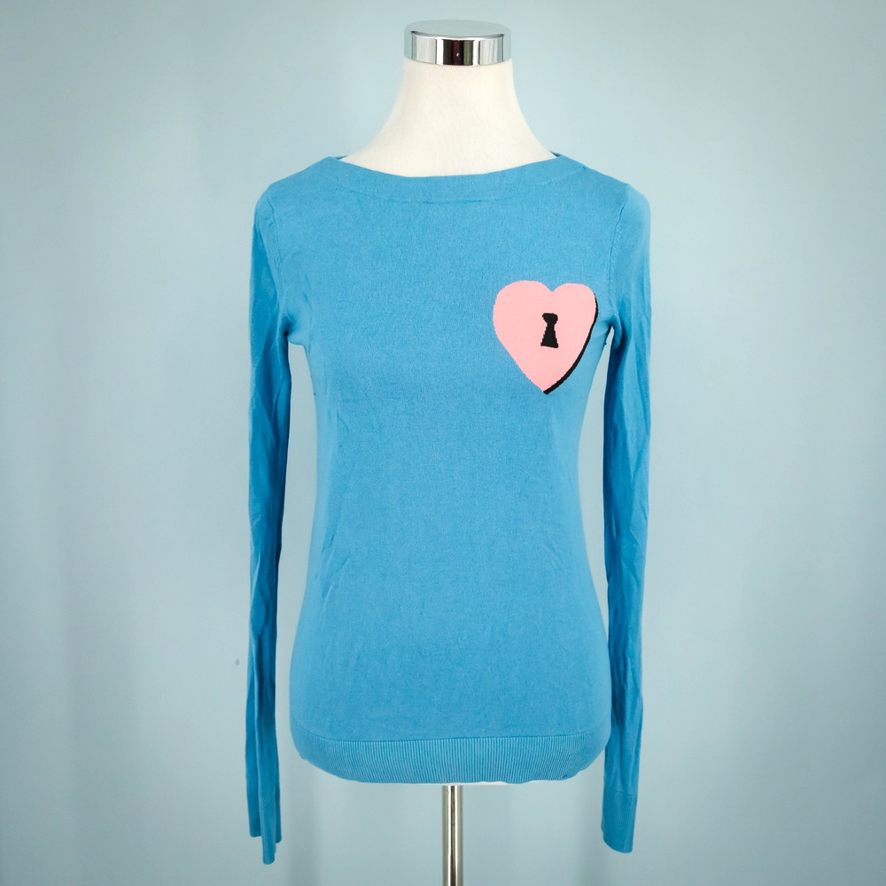 Diane Von Furstenberg Size Small S Blue Heart Lock Crew Long Sleeve Sweater